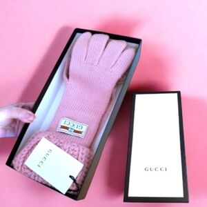NWT Gucci Pink-Rose Wool Chunky Knit Cuffed Logo Winter Gloves With Box Medium